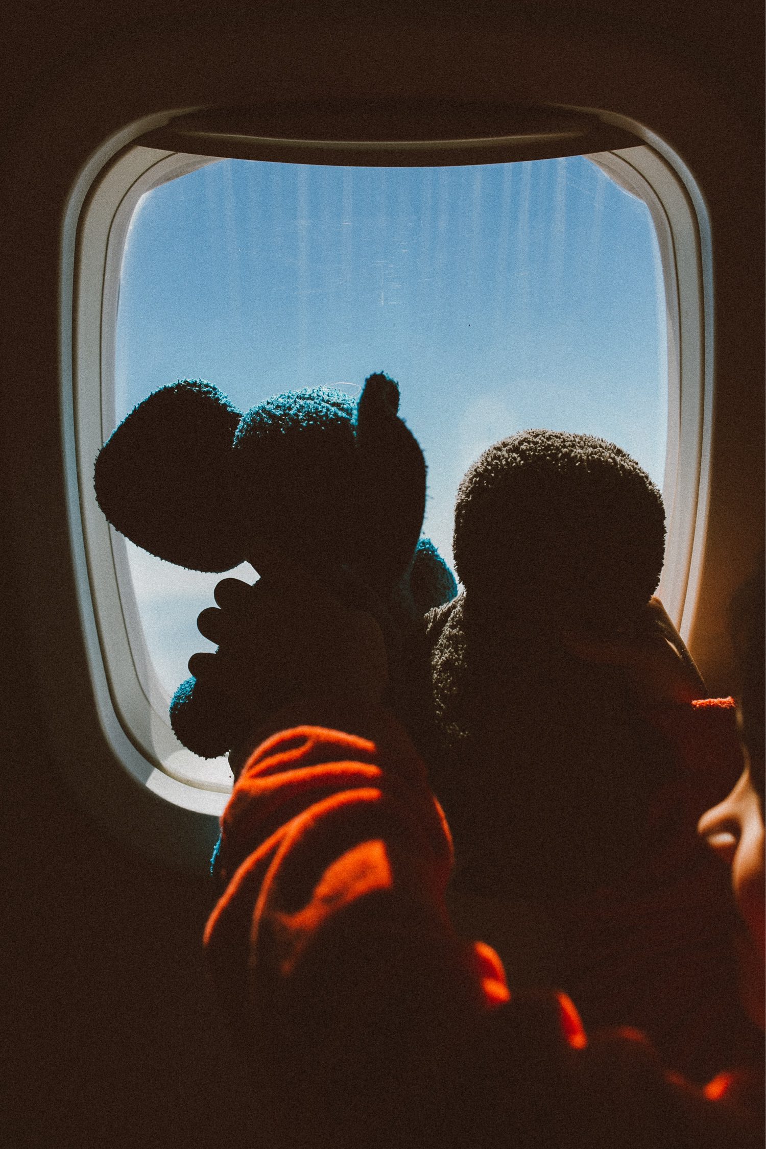 Ein Kind in einem roten Pullover hält zwei Stofftiere an ein Flugzeugfenster, draußen blauer Himmel und Wolken - aufgenommen von Kids Fotograf für Fotostudio Köln.