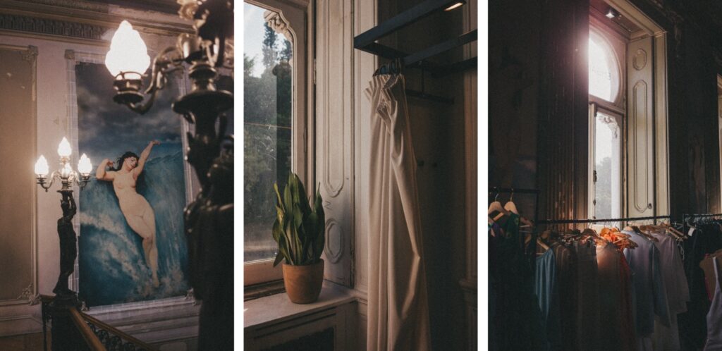 Drei Bilder: ein Gemälde von zwei Frauen im Wasser neben einer alten Lampe, ein weißes Kleid an einem Fenster mit einer Topfpflanze und Kleiderständer unter einem sonnendurchfluteten Bogenfenster in einem verzierten Raum - alles mit der Kunstfertigkeit eines Werbefotografen eingefangen.