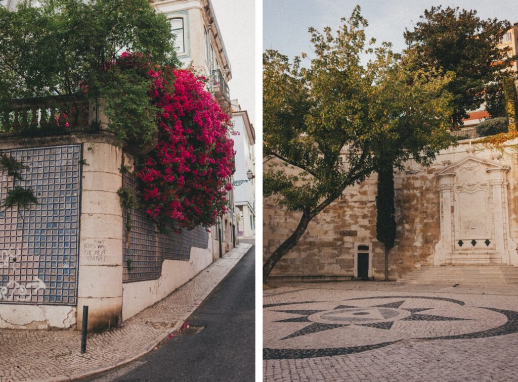 Links: Eine abschüssige Straße neben einer mit blauen Kacheln und leuchtend rosa Bougainvillea bedeckten Mauer - perfekt für einen Familienfotografen. Rechts: Ein friedlicher Steinplatz mit einem gemusterten Mosaikboden, Bäumen und einer verschnörkelten Steinmauer im Hintergrund.