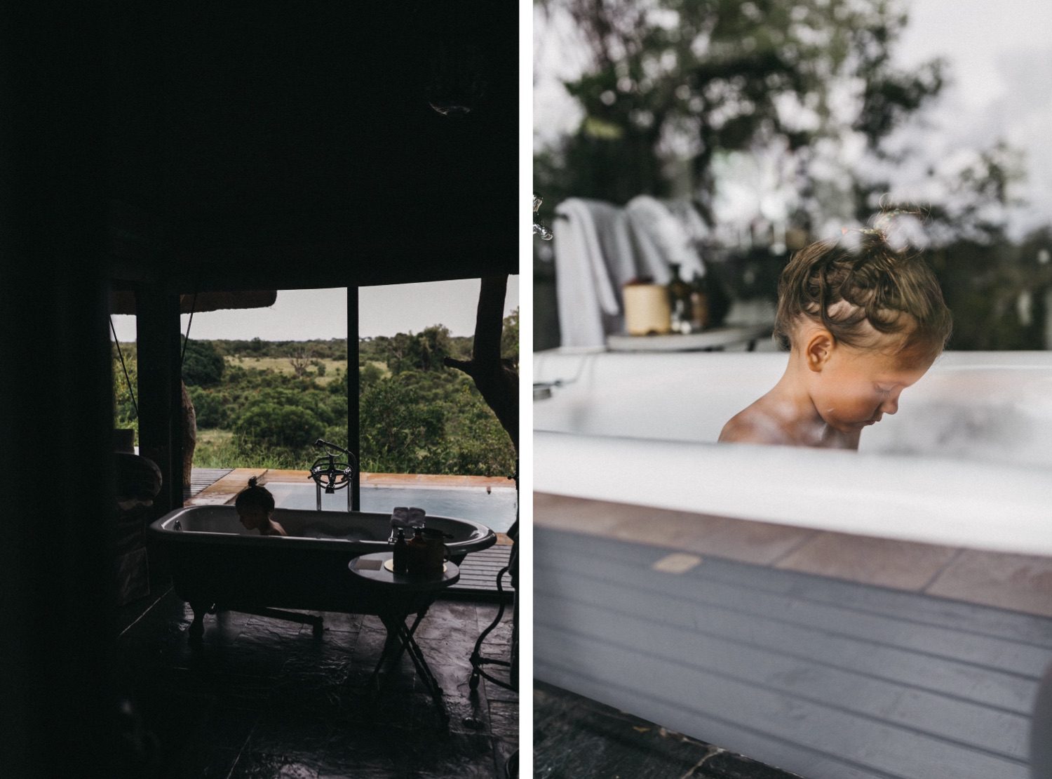 Ein zweigeteiltes Bild von Kids Fotograf: links sitzt ein Kind in einer Badewanne mit Blick ins Grüne; rechts eine Nahaufnahme des Kindes in der Wanne, das nach unten schaut und von sanftem Tageslicht umgeben ist.