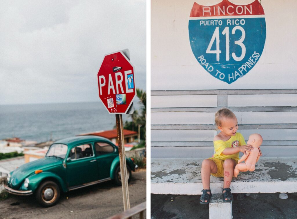 Links: Ein grüner Oldtimer-Volkswagen-Käfer neben einem roten "PARE"-Schild blickt auf das Meer. Rechts: Von einem Kinderfotografen aufgenommen, sitzt ein Kind in Gelb mit einer Puppe auf einer weißen Bank unter einem Schild "Rincon Puerto Rico 413".