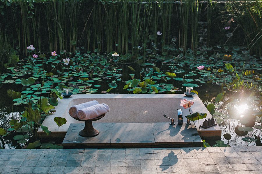 Eine Steinbadewanne mit gerollten Handtüchern steht neben einem Teich mit grünen Seerosenblättern und blühenden Lotusblumen, umgeben von hohem Schilf und ruhigem Wasser - perfekt für einen Familienfotografen oder Fotografen aus dem Fotostudio Köln, der eine ruhige Umgebung sucht.