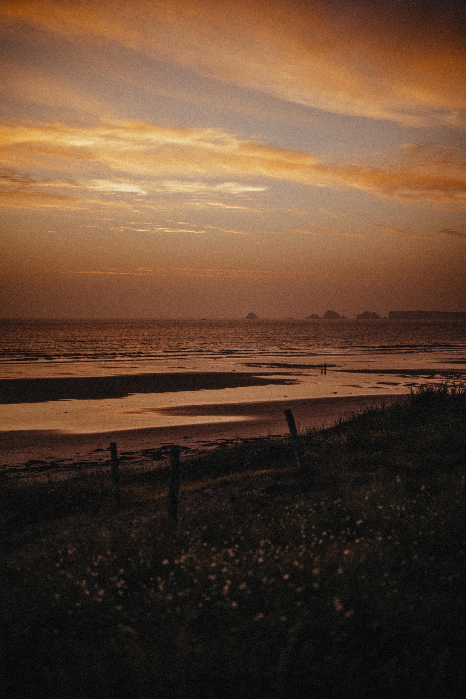 Ein Strand bei Sonnenuntergang mit leuchtend orangefarbenen und goldenen Wolken am Himmel, ruhige Wellen, zwei Menschen, die am Ufer spazieren gehen - eingefangen von einer talentierten Fotografin. Der grasbewachsene Vordergrund und ein paar Zaunpfähle vervollständigen diese friedliche Szene.