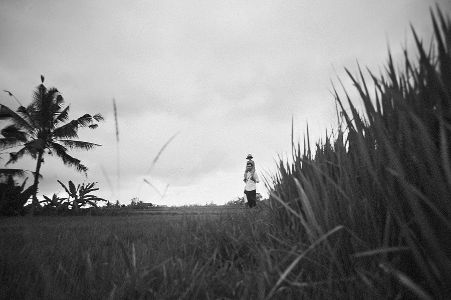 Eine Person steht allein auf einer Wiese unter einem wolkenverhangenen Himmel, mit hohem Gras im Vordergrund und Palmen im Hintergrund - ein eindrucksvolles Schwarz-Weiß-Bild einer talentierten Fotografin, das an Arbeiten aus einem Top-Fotostudio Köln erinnert.